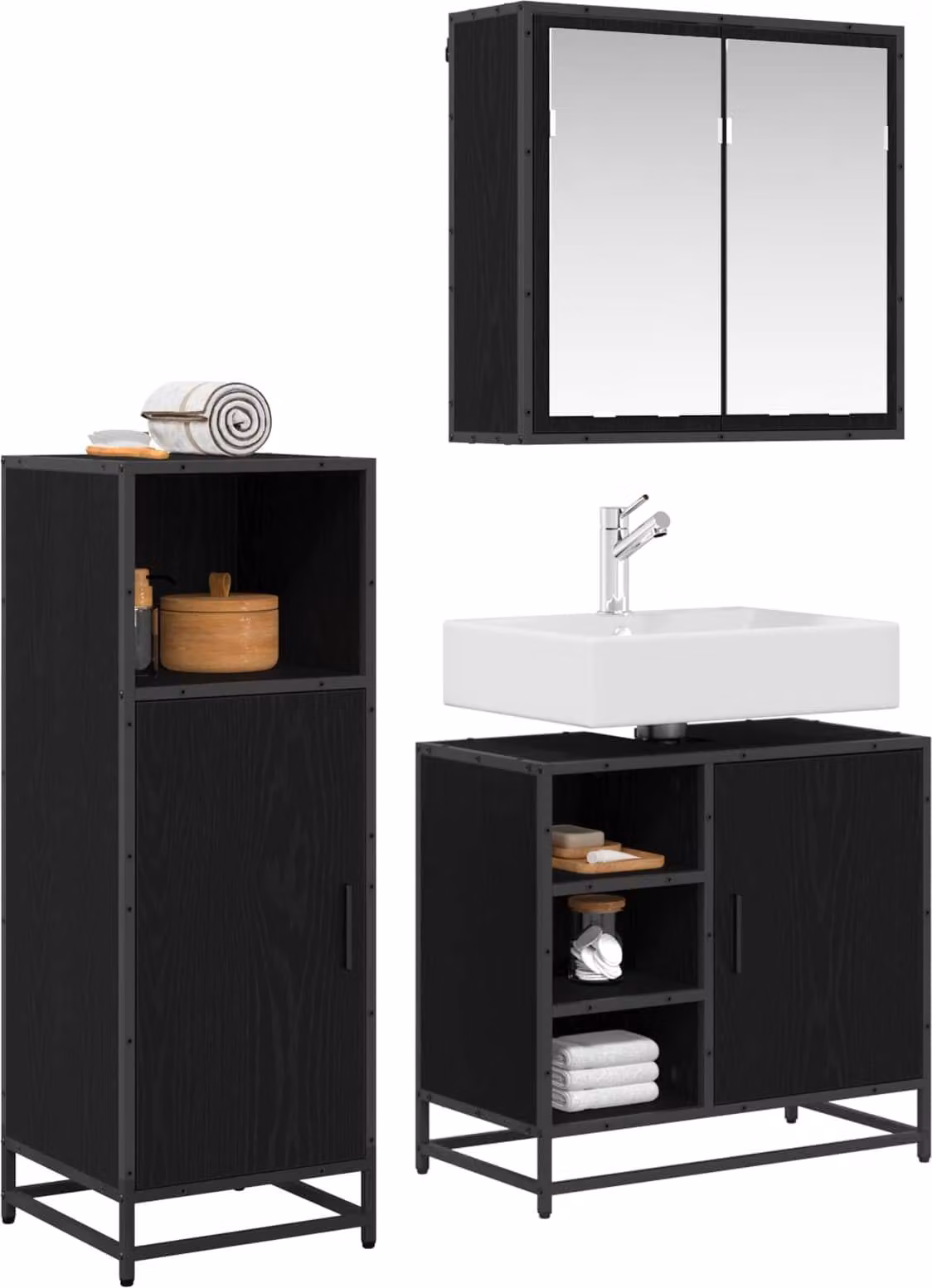 Set di mobili per il bagno 3 pcs Rovere Nero Legno multistrato