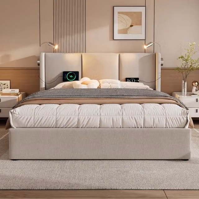 Letto matrimoniale 180 × 200 cm con contenitore in lino beige luci da lettura e ricarica USB