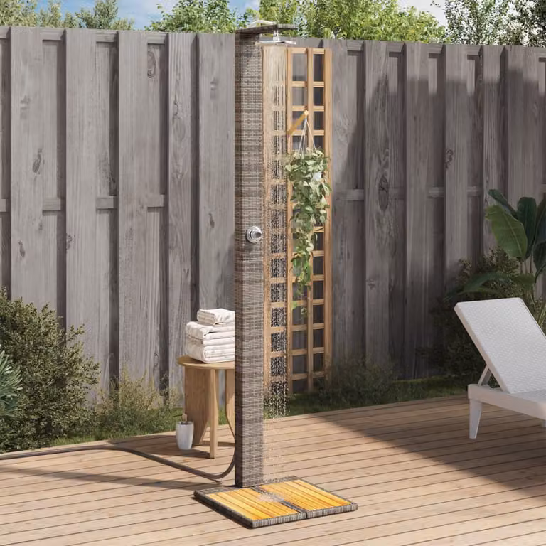 Doccia da esterno vidaXL in polyrattan e legno di acacia, colore grigio, L/P/H: 50 x 55 x 224 cm