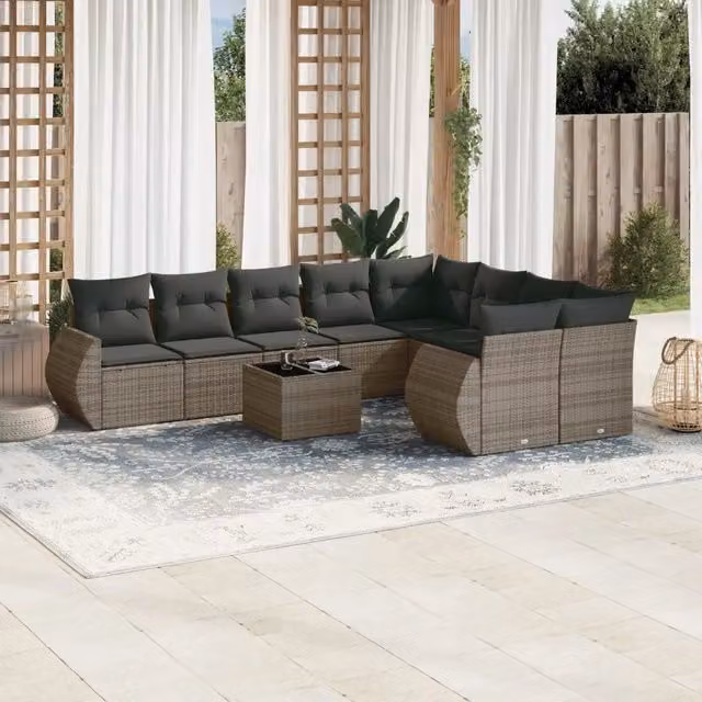 Set Divano da Giardino 10 pz con Cuscini Grigio in Polyrattan 3221849