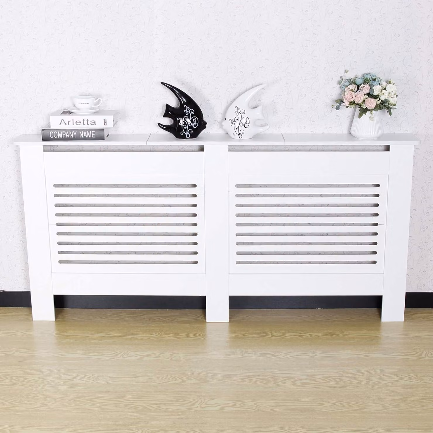 Copertura per radiatore, pannello decorativo in MDF orizzontale, moderno, bianco, per soggiorno o camera da letto, dimensioni XL (172 cm)