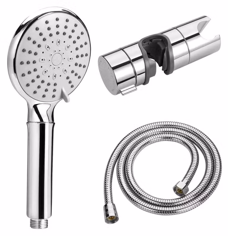Set doccia con soffione, tubo flessibile e supporto, doccetta manuale a risparmio idrico, 5 getti, tubo flessibile da 1,5 metri, supporto senza foratura, cromato