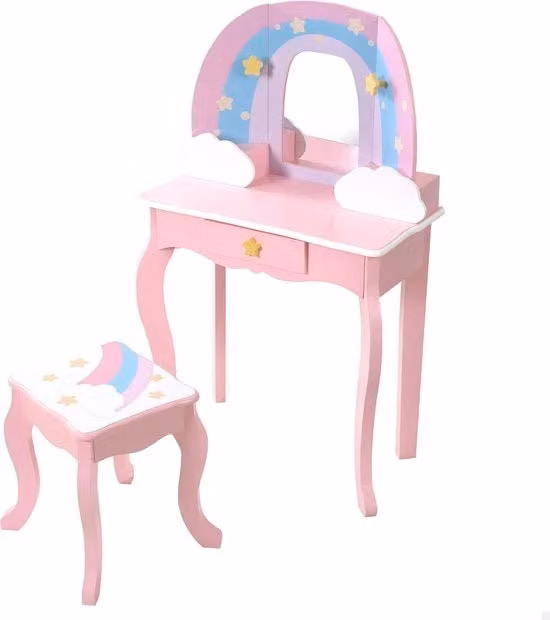 Sedia a sdraio in legno con sgabello e specchio per bambini