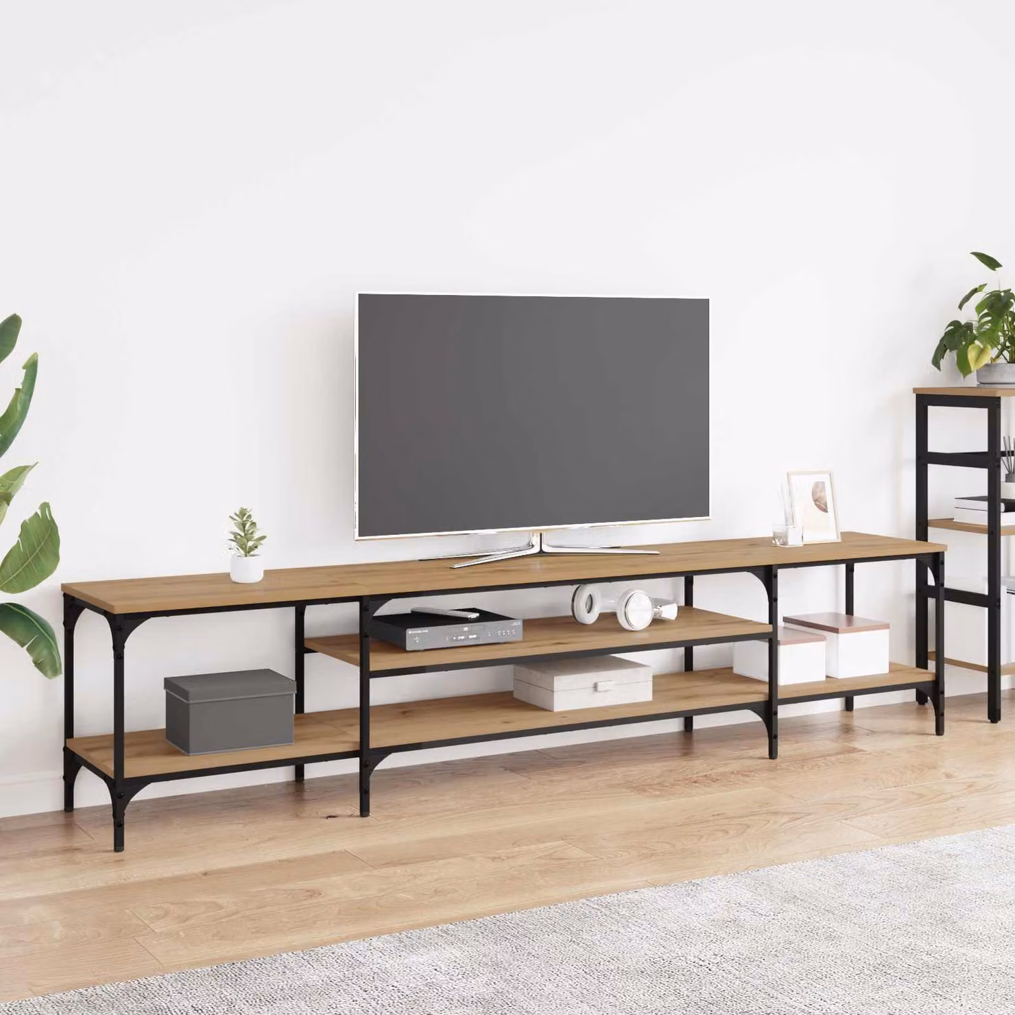 Mobile TV vidaXL in stile rustico color rovere artigianale con ripiani per media, L/P/H: 201 x 35 x 45 cm