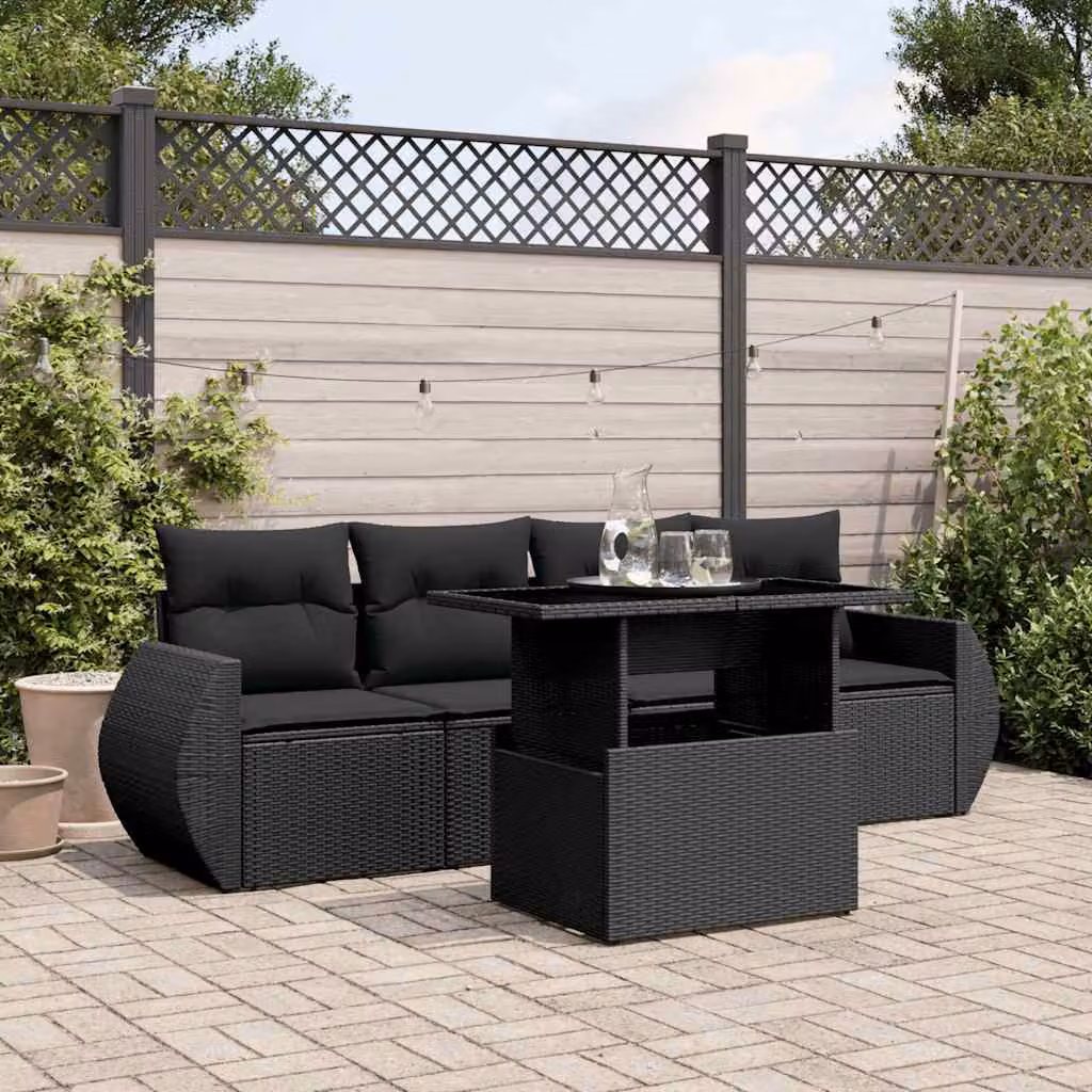 Set Divani da Giardino vidaXL 5 Pezzi in Polyrattan Nero con Cuscini e Tavolino da Esterno – 1