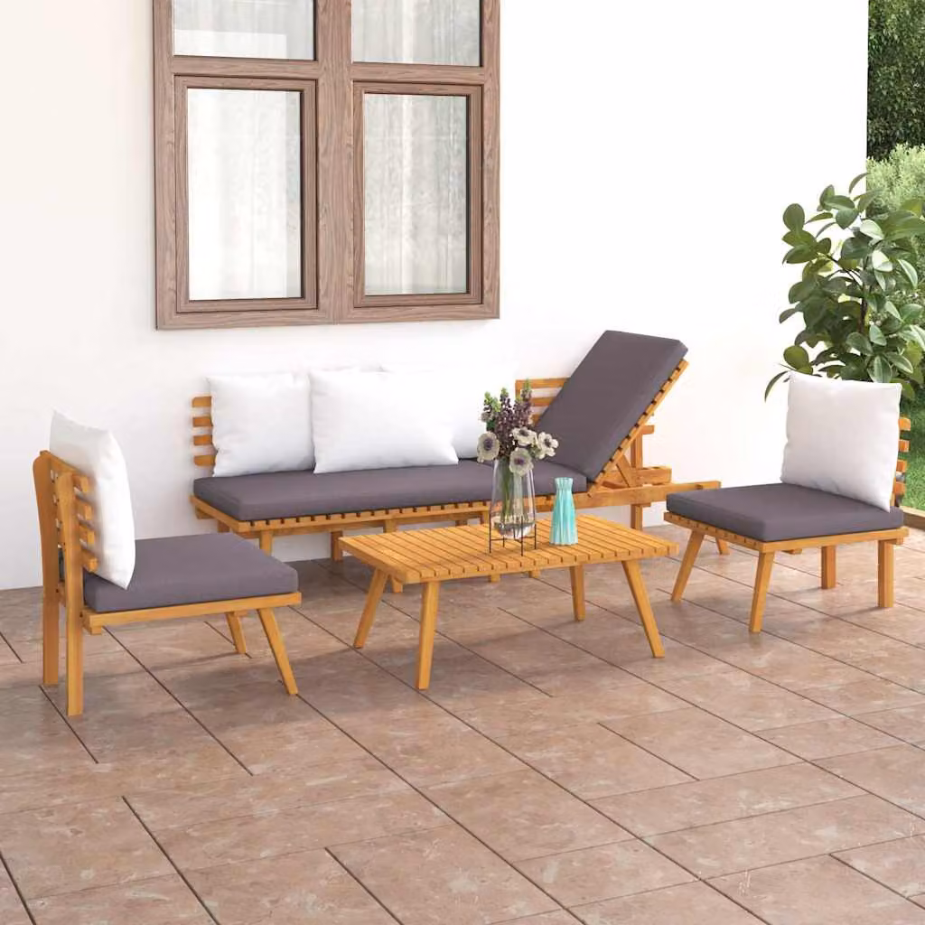 Set di divani da giardino vidaXL a forma di L in legno di acacia con cuscini imbottiti e decorativi per esterno, 4 pezzi