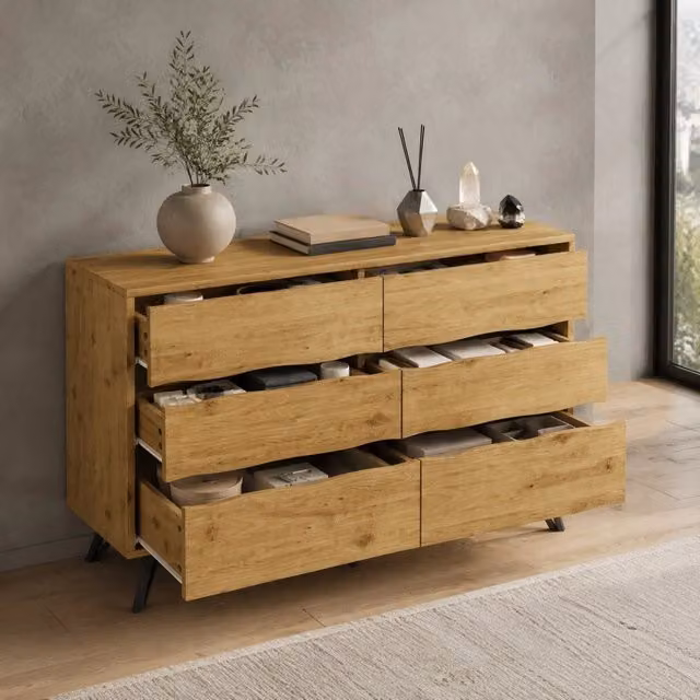 Sideboard moderno con 6 cassetti 120x40x75;5 cm in effetto legno; struttura in truciolare