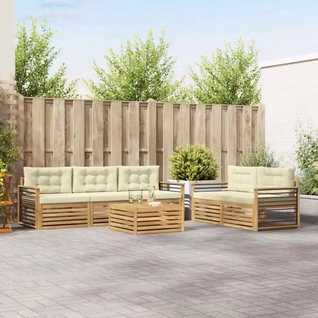 Set di divani da esterno a L con tavolo da caffè vidaXL in legno di acacia, 6 pezzi, Bianco e Beige