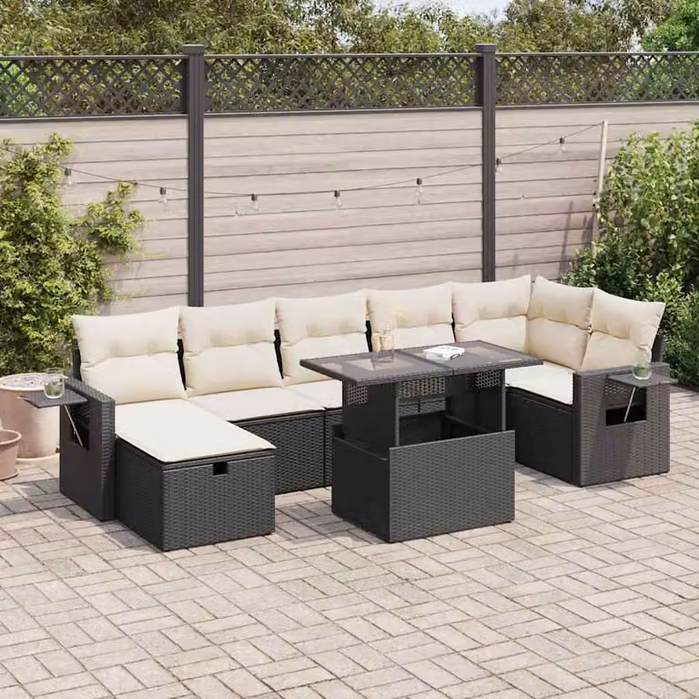 Set di divani da giardino vidaXL a forma di L in polyrattan nero con 8 pezzi e cuscini inclusi