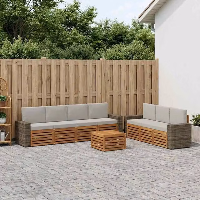 Set di divani da giardino vidaXL a forma di L composto da 8 pezzi in legno di acacia con cuscini beige e grigi – 1