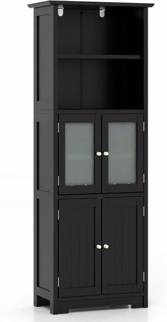 Armadio da Bagno e Soggiorno Costway Nero con Ante in Vetro e Ripiani Interni, L: 60 cm, P: 30 cm, H: 163 cm