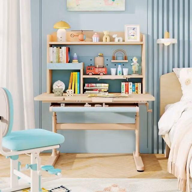 Scrivania per bambini regolabile in altezza 52-74 cm piano inclinabile con libreria e cassetto blu