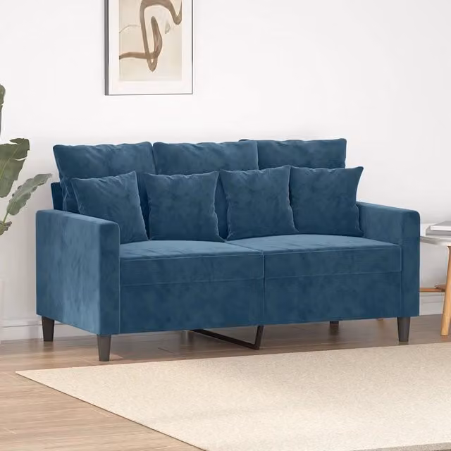 Divano a 2 posti moderno vidaXL in velluto blu con struttura in metallo e cuscini inclusi L: 138 cm, P: 80 cm, H: 77 cm – 1