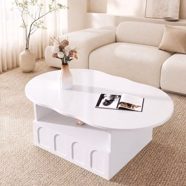 Tavolino basso fisso a nuvola con cassetto push to open e vano aperto bianco 100 × 60 × 40.5 cm