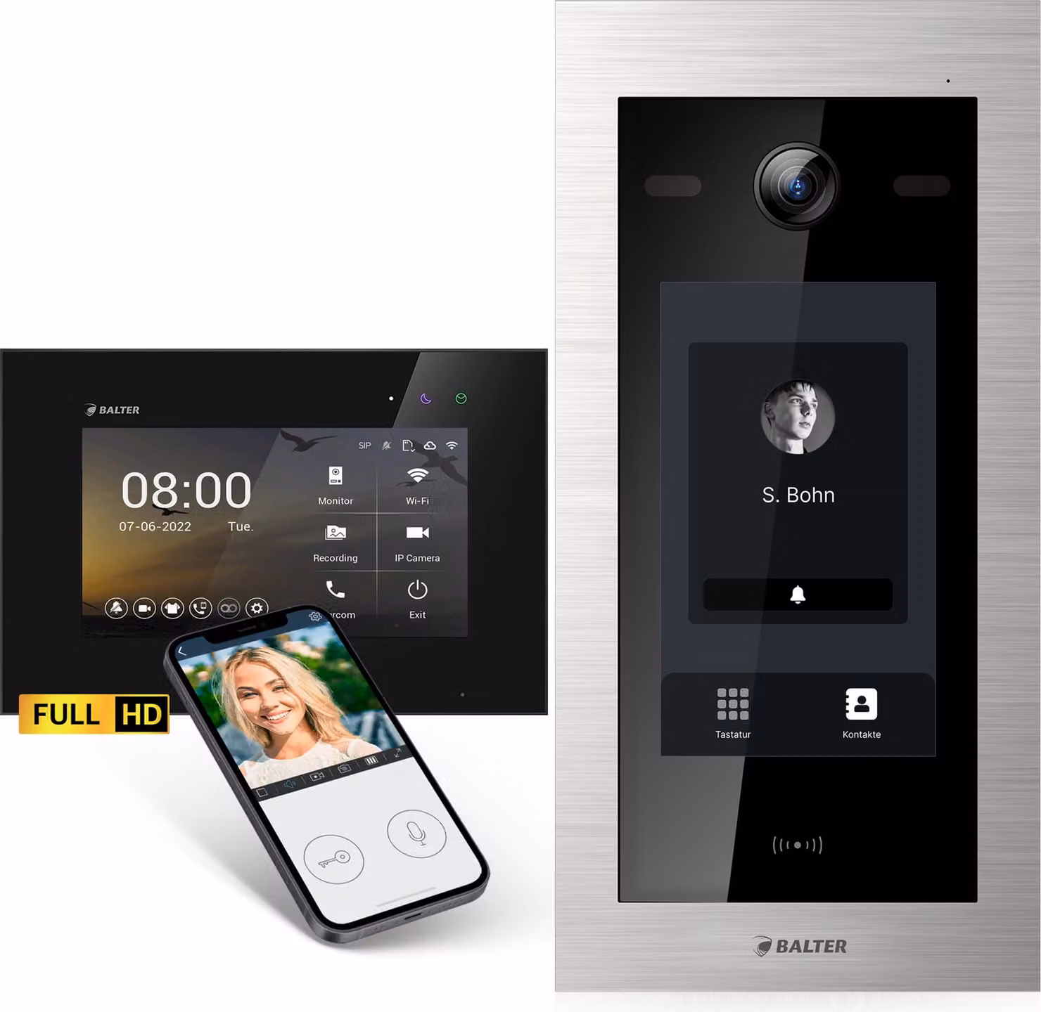 Videocitofono Balter EVO-HD con touchscreen nero, app per smartphone, 1 casa familiare, 1x monitor da 7 pollici, campanello con telecamera full HD, bus a 2 fili