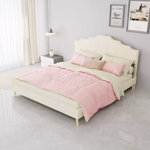 letto imbottito tessuto e metallo beige 160 x 200 cm