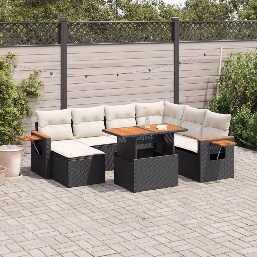 Set di Divani da Giardino vidaXL in Polyrattan Nero con Cuscini e Tavolino da Esterno – 1