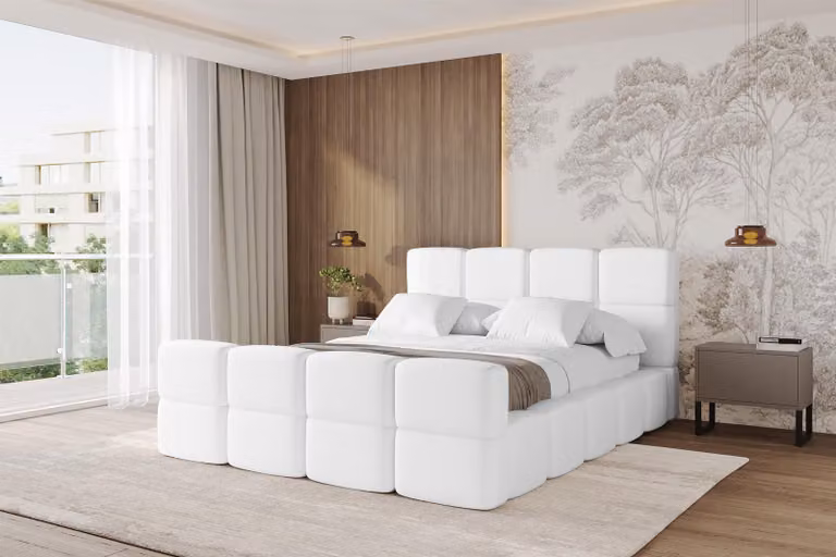 Letto imbottito ALTDECOR con contenitore - NATA-Z 180x200 bianco, letto con testiera, letto contenitore senza materasso, letto matrimoniale con spazio contenitivo