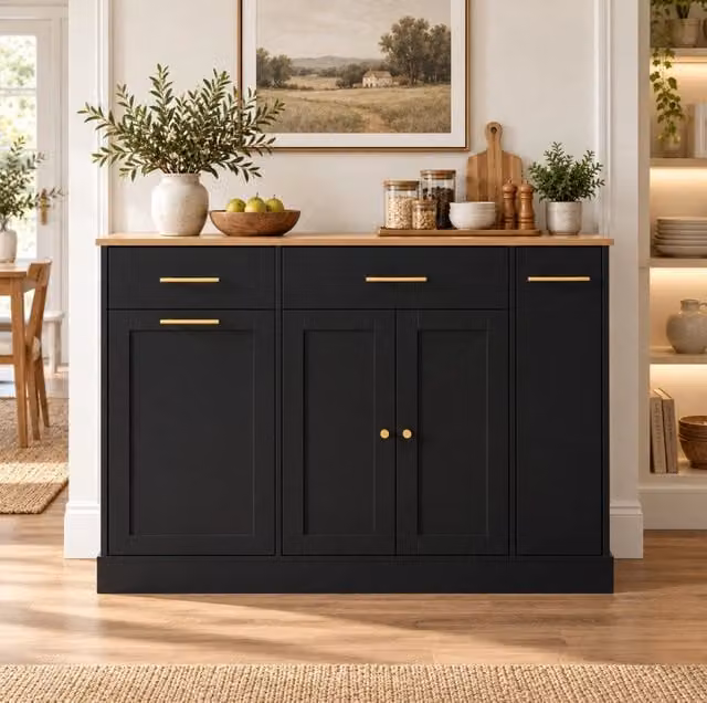 Isola da cucina con piano ribaltabile 120 cm; 2 cassetti e vano pattumiera; nera