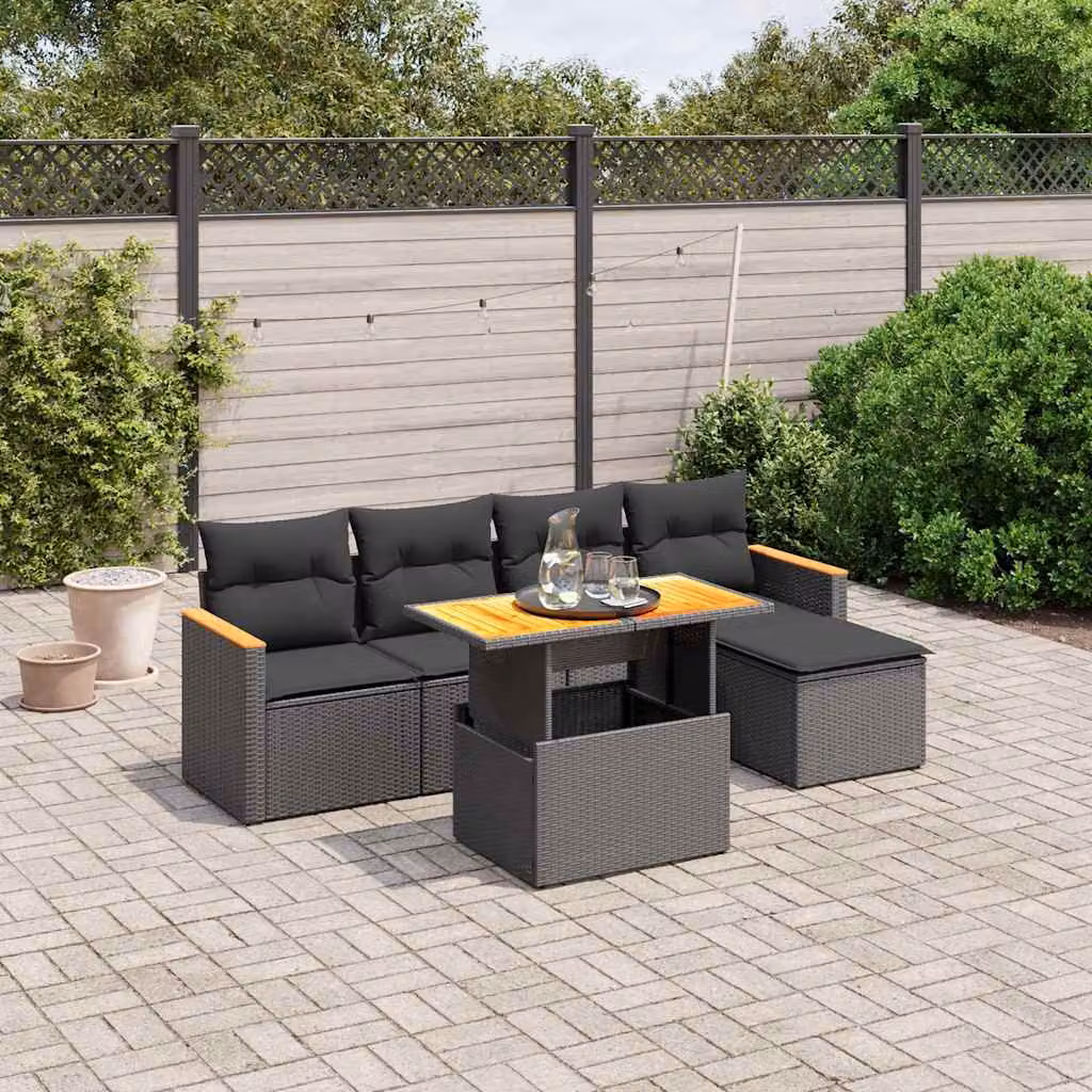 Set Divano da Giardino vidaXL 6 pz in Polyrattan Nero con Cuscini e Tavolino – 1