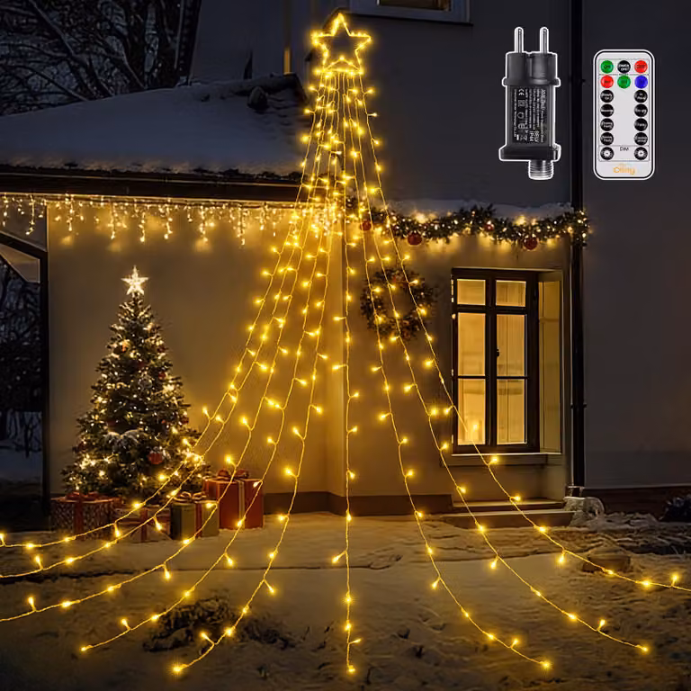 Catena luminosa a LED con stelle, 9x3,5 metri, 352 LED, luce bianco caldo