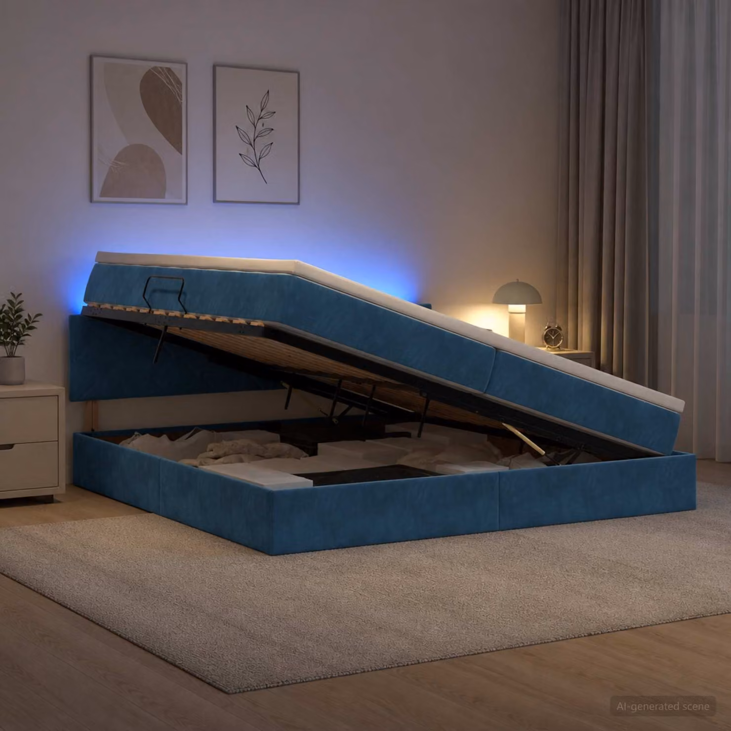 Letto con contenitore e illuminazione LED vidaXL in velluto blu con materasso, L/P/H: 200 x 200 x 34 cm