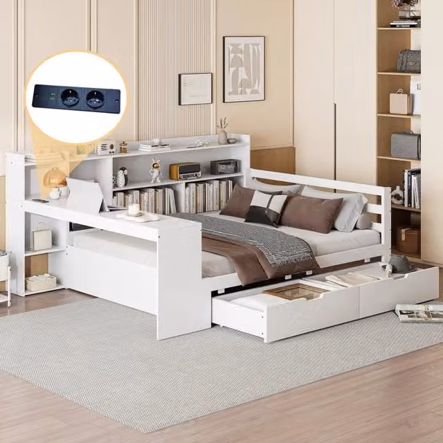 Letto divano matrimoniale OKWISH bianco con scrivania, libreria, 2 cassetti e porta USB, L/P: 140 x 200 cm