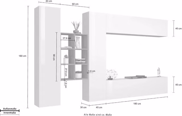 Parete attrezzata Sid WH Shopinnotivo bianca con mobile TV, pensili sospesi e libreria moderna in finitura rovere lucido
