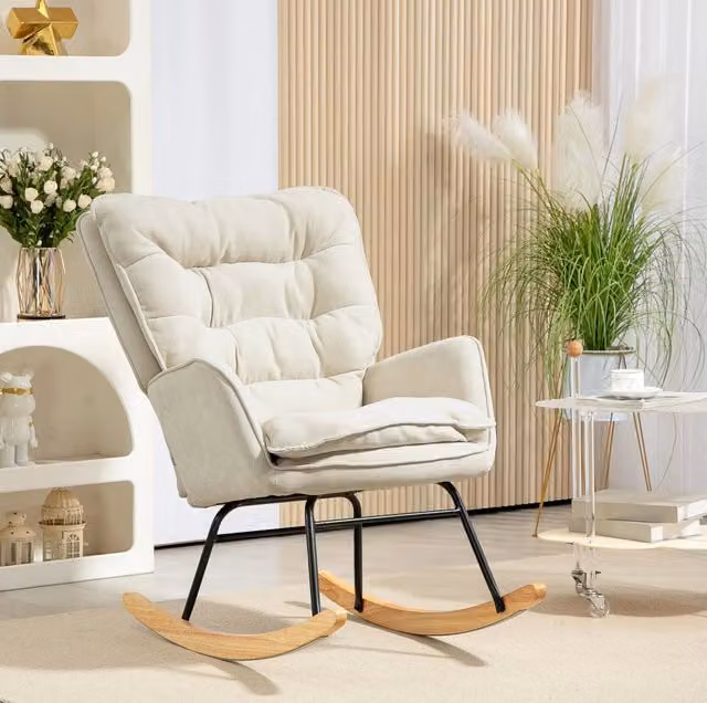 Sedia a dondolo ULEVR beige in poliestere effetto ciniglia, schienale imbottito, portata 120 kg