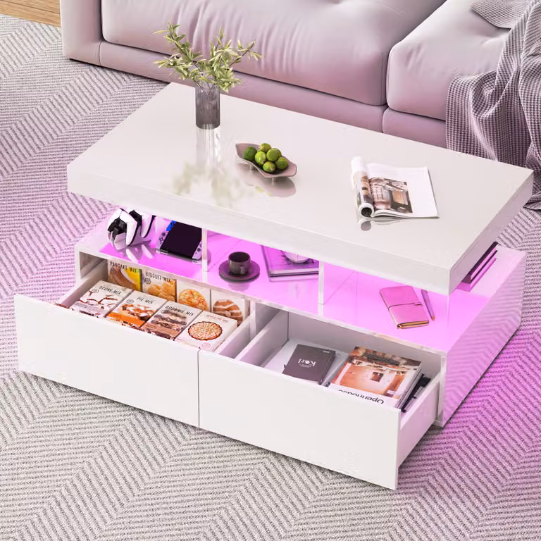 Tavolino ProximaX LED, tavolo da soggiorno con ripiano, lucido, tavolino moderno, tavolino con 2 cassetti, 104 x 53 x 46 cm (bianco)