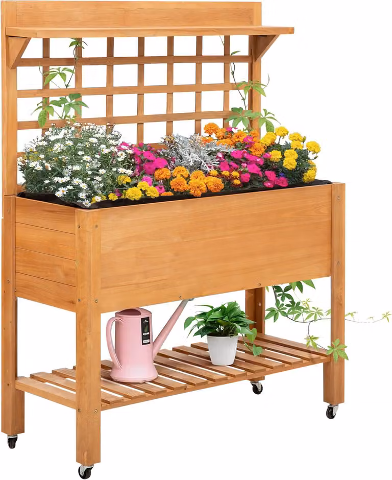 Tavolo rialzato per piante - Tavolo per piante - Tavolo per fiori - Tavolo da lavoro - Arredo da giardino - Realizzato in legno di abete e tessuto non tessuto