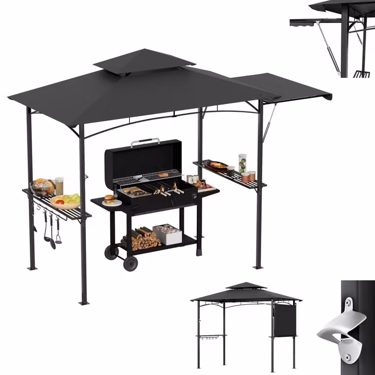 Gazebo per barbecue con tenda laterale, tetto a doppia falda, resistente alle intemperie, colore grigio, dotato di ripiani e ganci