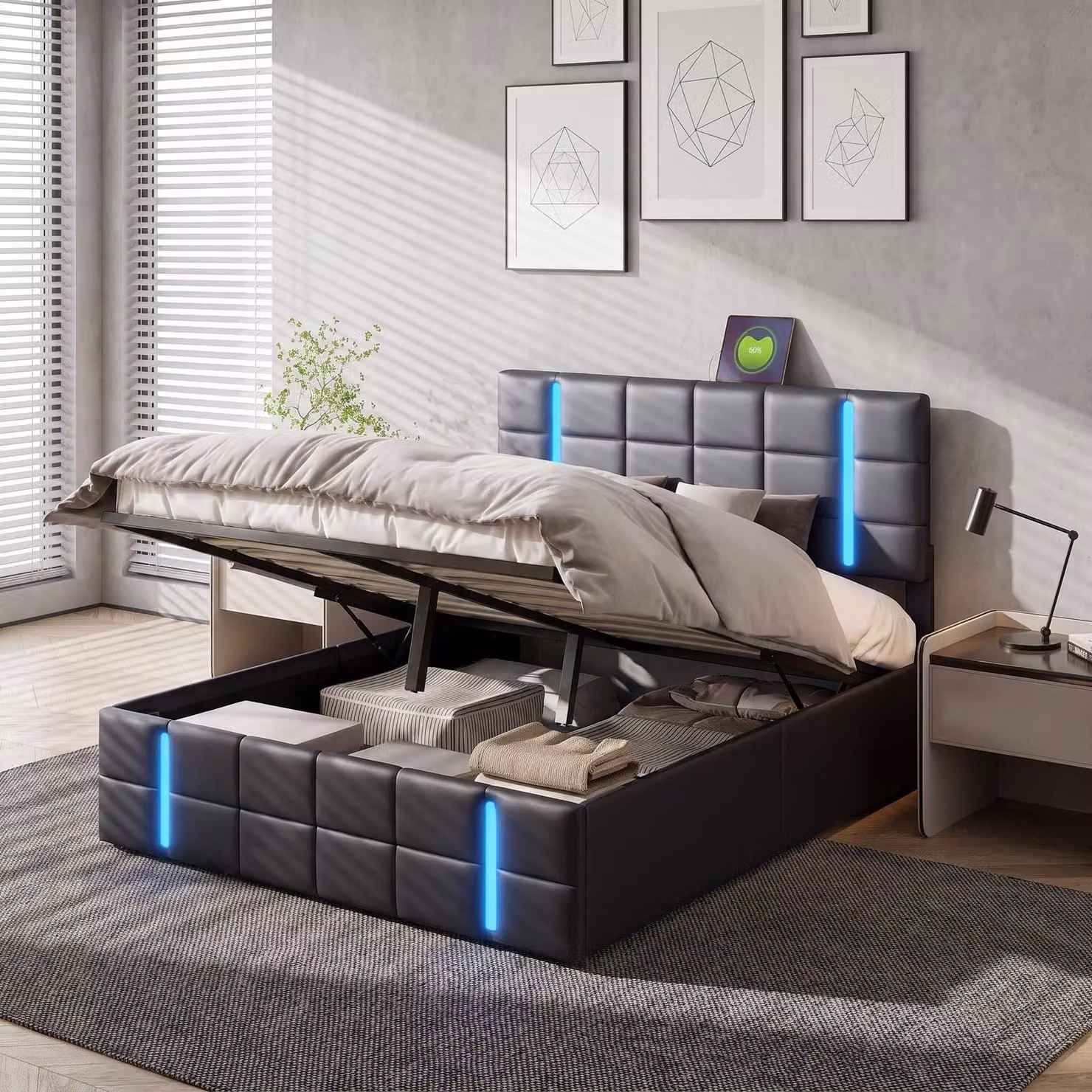 Letto imbottito INONEFT 160x200 cm con USB, letto box con sistema a molle e spazio contenitore, letto per ragazzi con spazio contenitore, ecopelle, nero