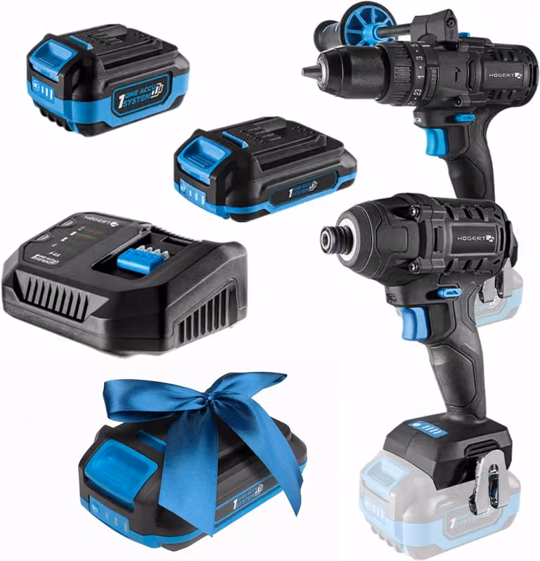 HÖGERT TECHNIK, set di avvitatori a percussione a batteria da 18 V, con coppia di 200 Nm e 100 Nm, 2 avvitatori a percussione brushless, 2 batterie, caricabatterie da 4 A, illuminazione a LED, con