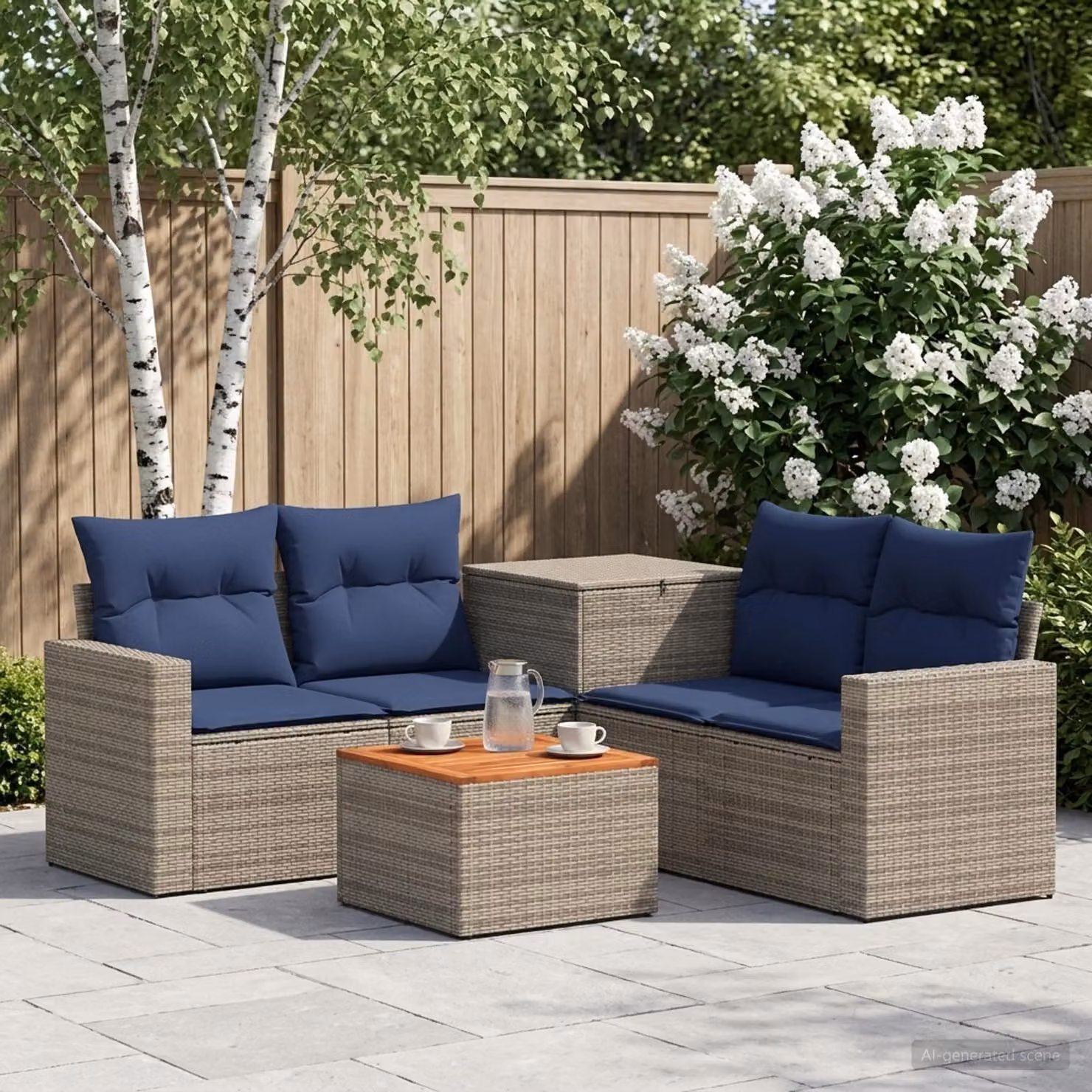 Set di divani da giardino vidaXL a forma di L composto da 6 pezzi in rattan e acciaio con cuscini inclusi, colori grigio e blu navy