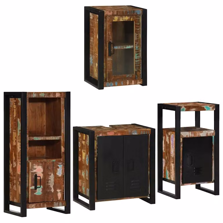 Set di mobili per il bagno moderno vidaXL in legno e metallo nero e multicolore composto da mobile sottolavabo e pensile a muro
