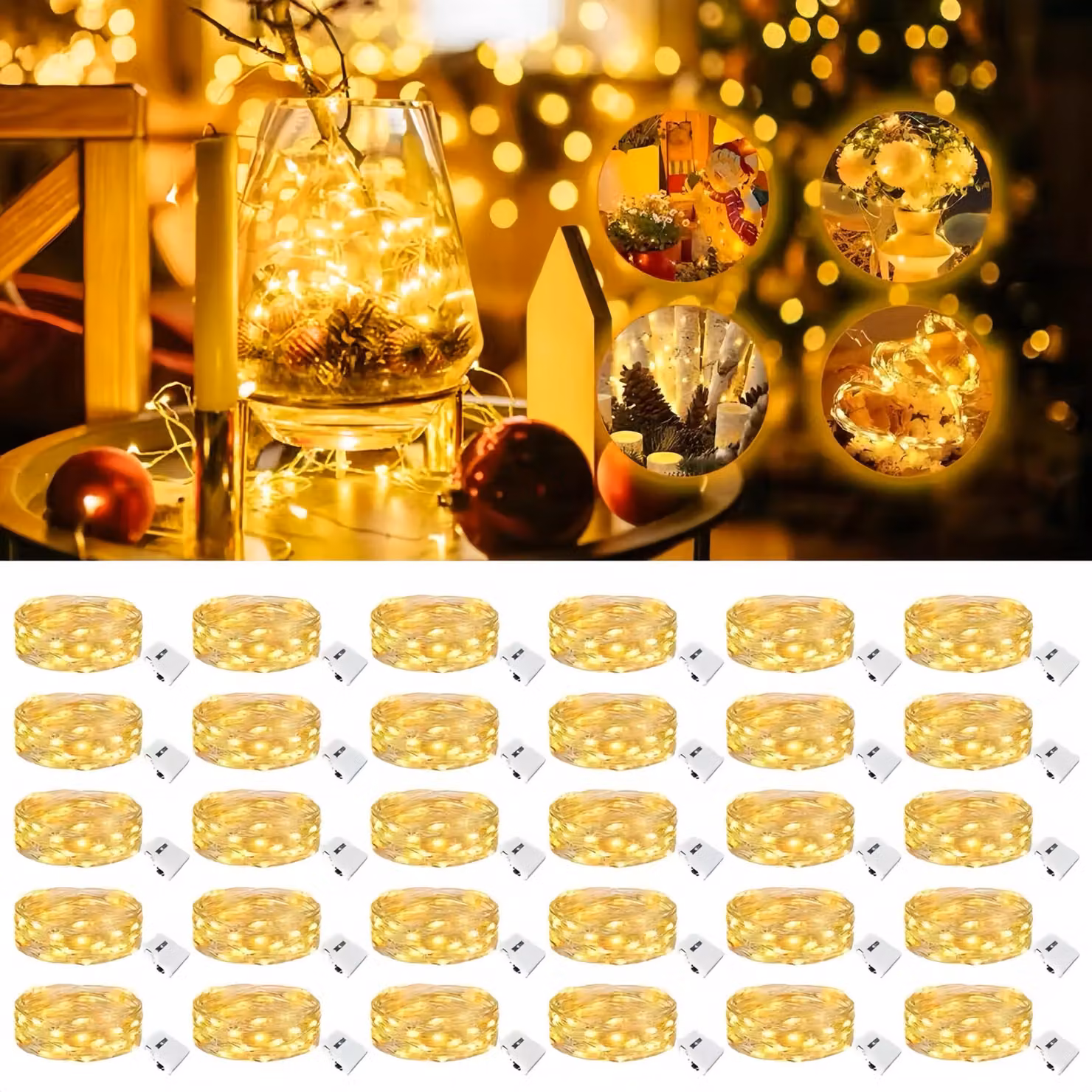 Catena luminosa a LED, 30 luci, 2 metri, 20 LED, luce bianco caldo, alimentazione a batteria