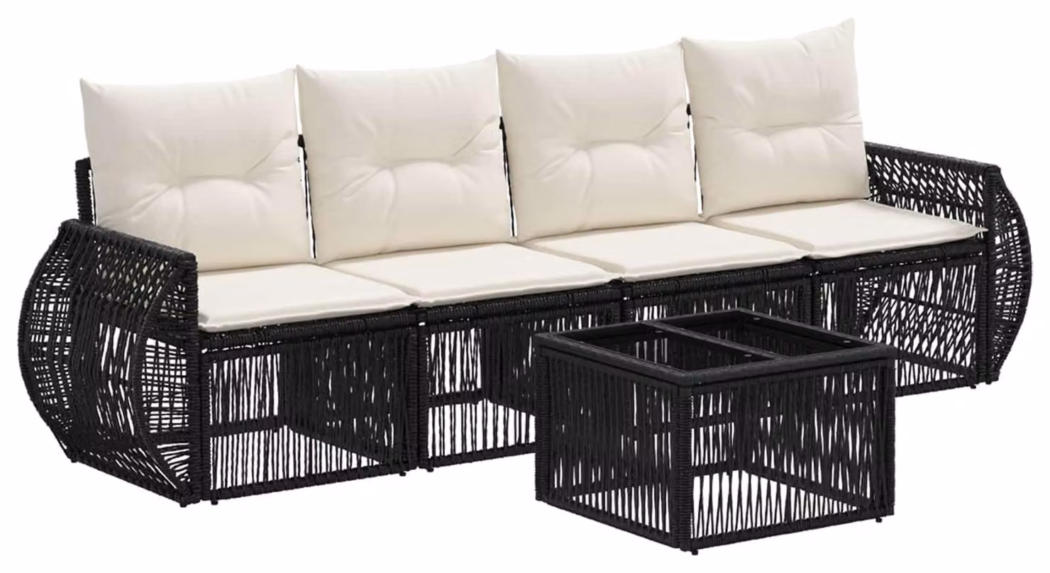 Set Divano da Giardino 5 pcs Nero e Bianco Crema polyrattan