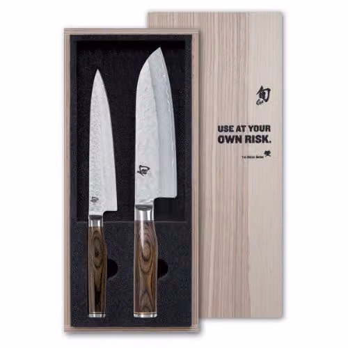 KAI Shun Premier Tim Mälzer set di coltelli da cucina giapponesi 2 pezzi - Santoku lunghezza lama 18 cm + Coltello multiuso lunghezza lama 16,5 cm - Coltelli damascati 32 strati VG MAX Core - 61 HRC