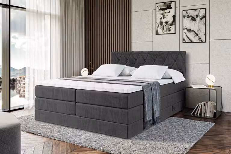 Letto boxspring ALTDECOR con materasso e rete a doghe - AMAY -BZ KING - 200x200 cm - Velluto nero - Topper, letto imbottito con contenitore, letto con vano portaoggetti H3 e H4 - Materasso, letto matrimoniale, letto boxspring