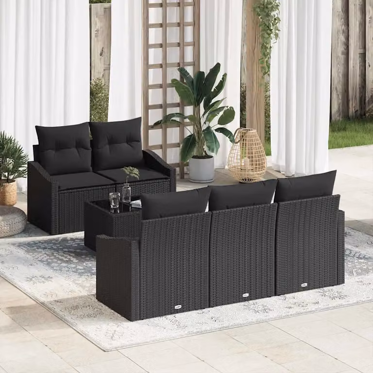 Set di divani da giardino vidaXL in polyrattan nero con cuscini e tavolino da esterno 6 pezzi