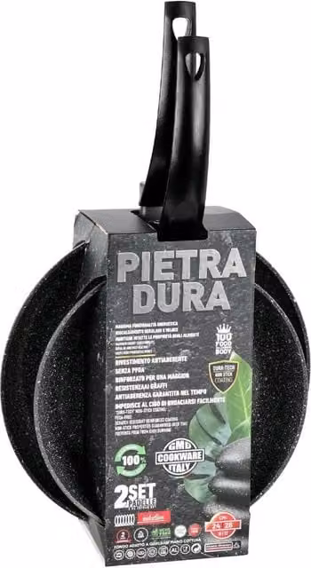 Set di 2 padelle antiaderenti GMD Cookware in pietra dura con rivestimento ceramico e alluminio, colore nero, adatte per induzione, lavabili in lavastoviglie, diametri 22 cm e 26 cm