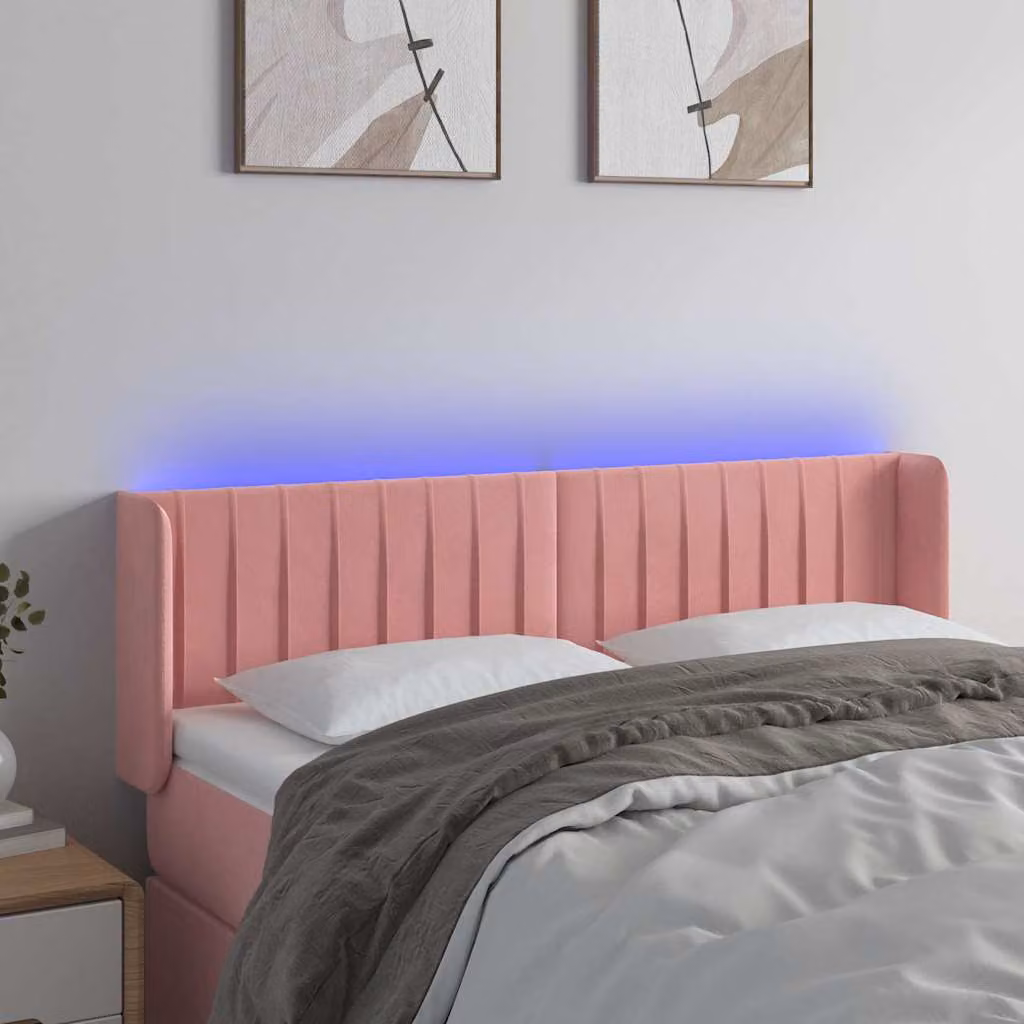 Testiera per letto vidaXL in velluto rosa con illuminazione LED e porta di ricarica USB, L 147 cm, P 16 cm, H 78/88 cm