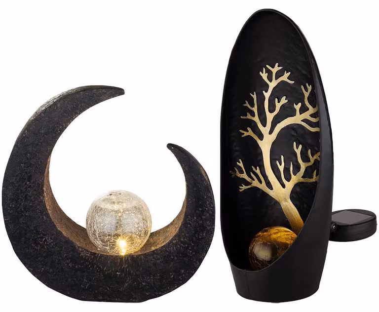 Set di 2 lampade solari a LED, a forma di albero e di falce di luna, colore nero
