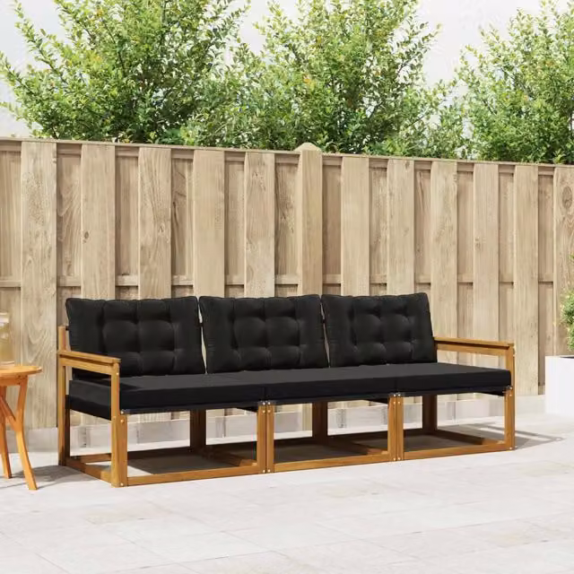 Set di divani da esterno 3 pezzi vidaXL in legno di acacia con cuscini marrone e nero – 1