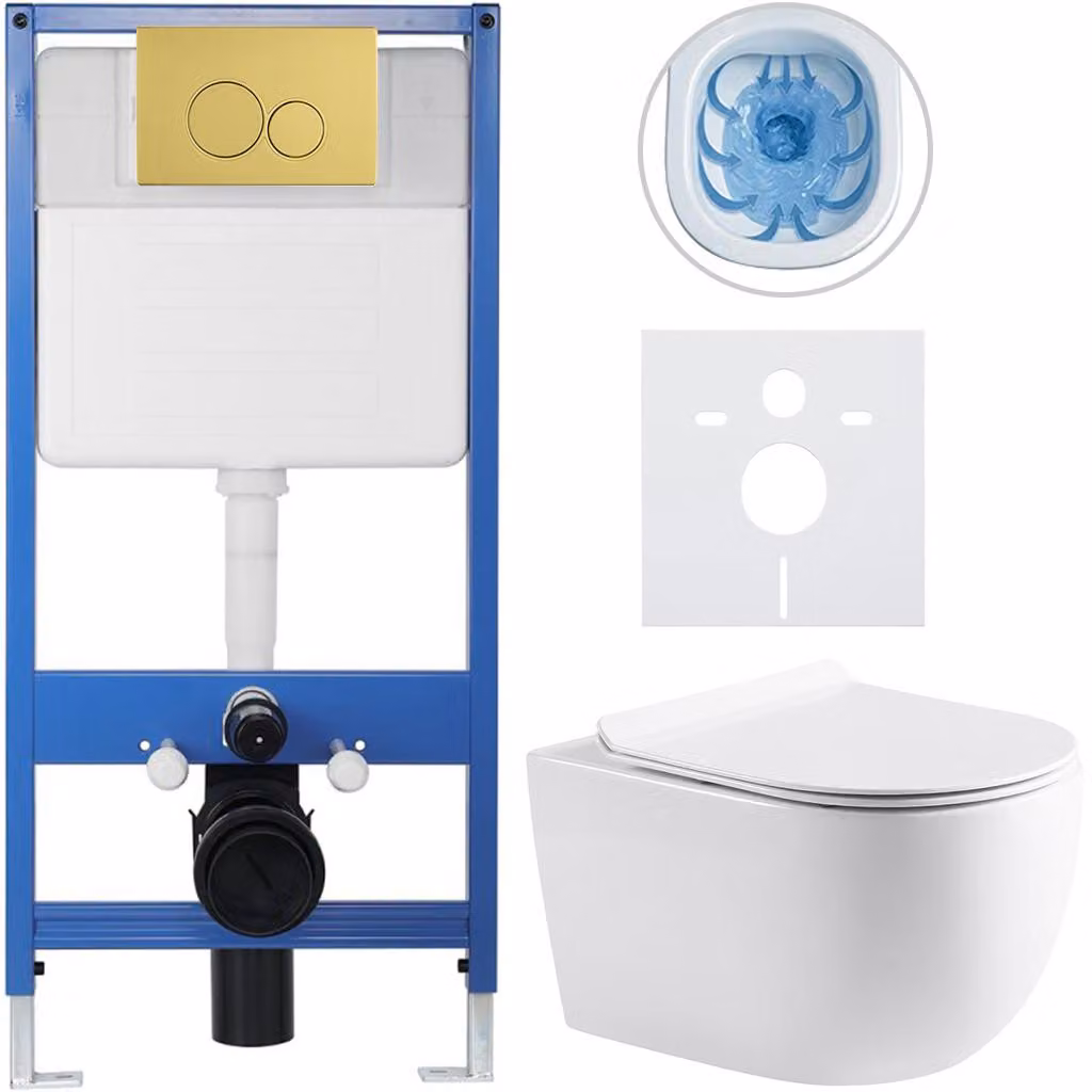 CERANO - Set completo per WC da incasso Lite/Felci - bianco lucido - pulsante WC Duo, dorato - installazione a parete - 52,5x36 cm