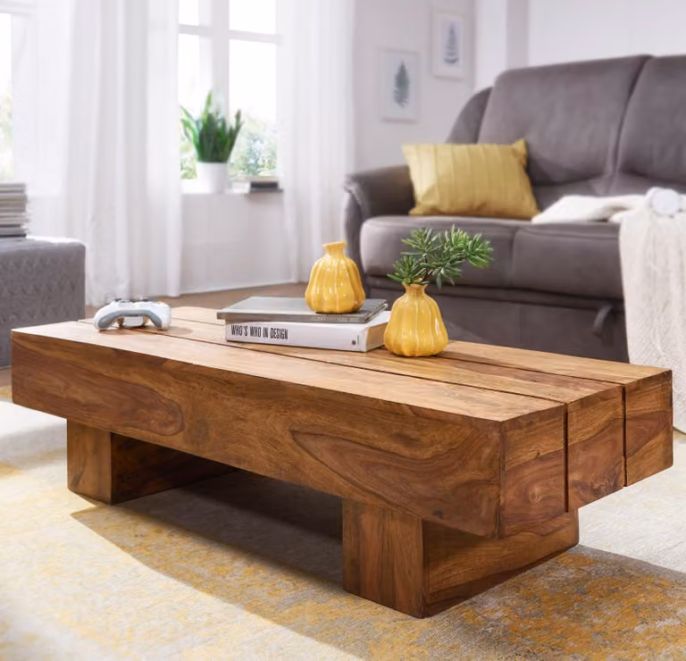 FineBuy Tavolino rettangolare in legno massiccio di sheesham 120 cm - Tavolo da salotto quadrato in design a blocchi | Tavolo moderno in legno fatto a mano