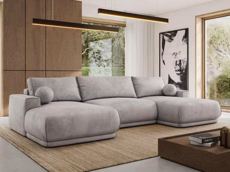 MKS MEBLE Divano ad angolo XXL RINA a forma di U con funzione letto e molle ondulate, funzione letto a divano letto - Grigio chiaro vellutato