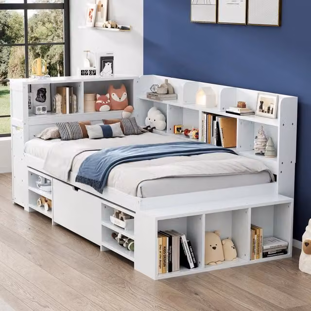 Letto per bambini 90 × 200 cm con cassetto, libreria e armadi contenitore, senza materasso, in compensato bianco