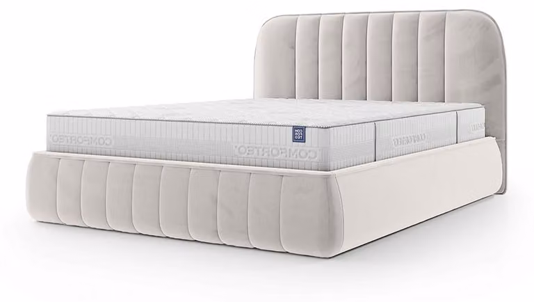 Letto imbottito con contenitore Carla, colore sand caramello, dimensioni 160 x 200 cm